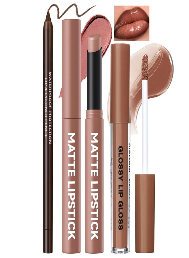 Noerrors Juicy Nude Lip Kit with Matte Lipstick & Nourishing Lip Gloss & Brown Lip Liner, Moisturizing Glossy High Shine Pluming Lip Combo for Women, Smooth Tinted Lip Glow Oil Lip Contour Trio Set - Image 1